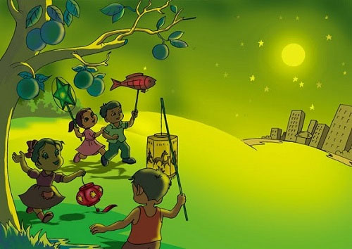 tet-trung-thu . Thời điểm trăng lên cao, trẻ em sẽ vừa múa hát vừa ngắm trăng phá cỗ.