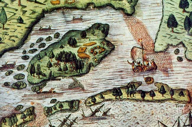 Hình vẽ mô tả vị trí của thuộc địa Roanoke.